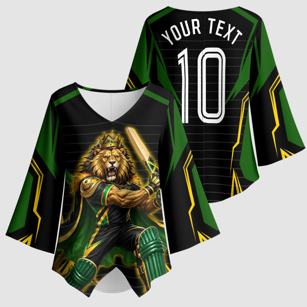Personalized Jamaica Cricket Lion Mascot Kimono Sleeve Blouse Kingsmen Royal King Batsman Sport