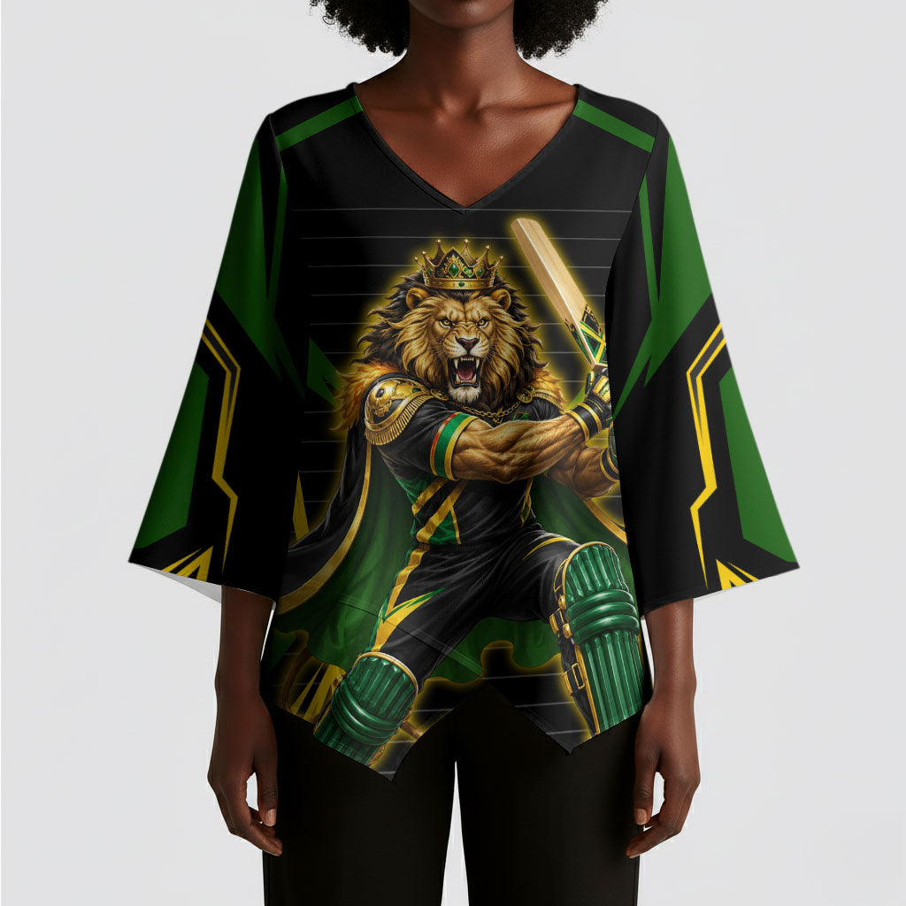 Personalized Jamaica Cricket Lion Mascot Kimono Sleeve Blouse Kingsmen Royal King Batsman Sport