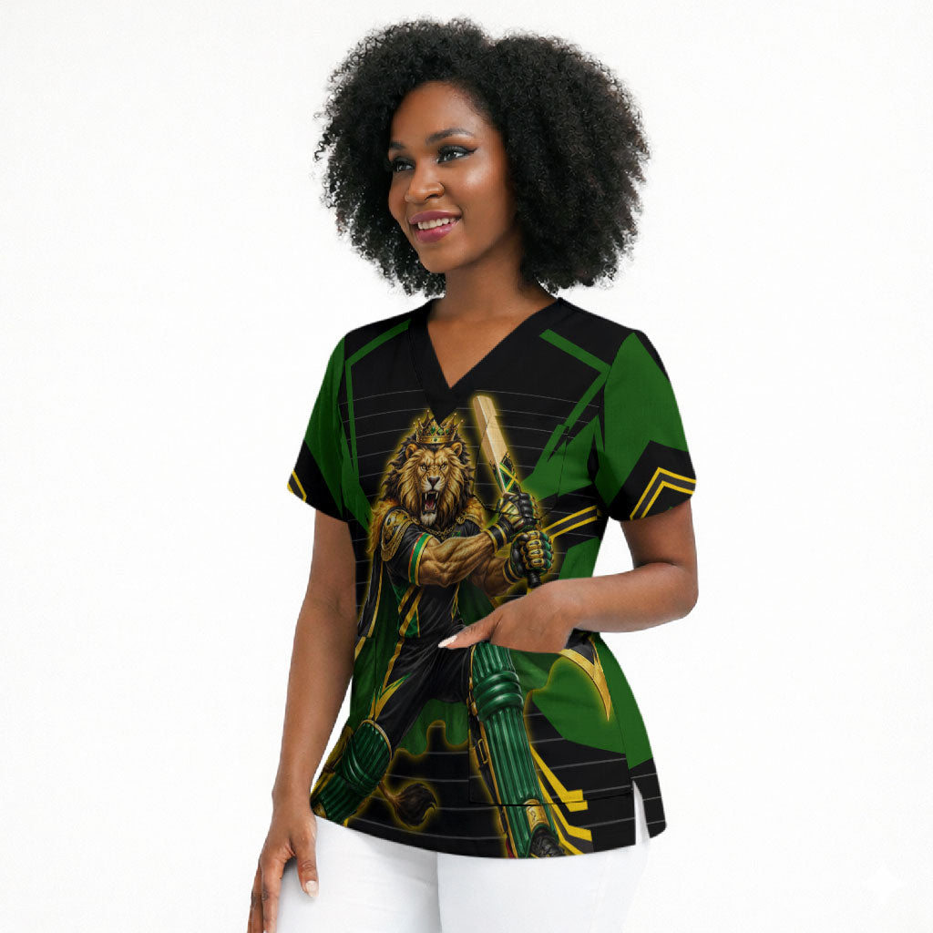 Personalized Jamaica Cricket Lion Mascot Scrub Top Kingsmen Royal King Batsman Sport