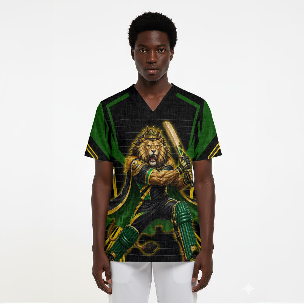 Personalized Jamaica Cricket Lion Mascot Scrub Top Kingsmen Royal King Batsman Sport