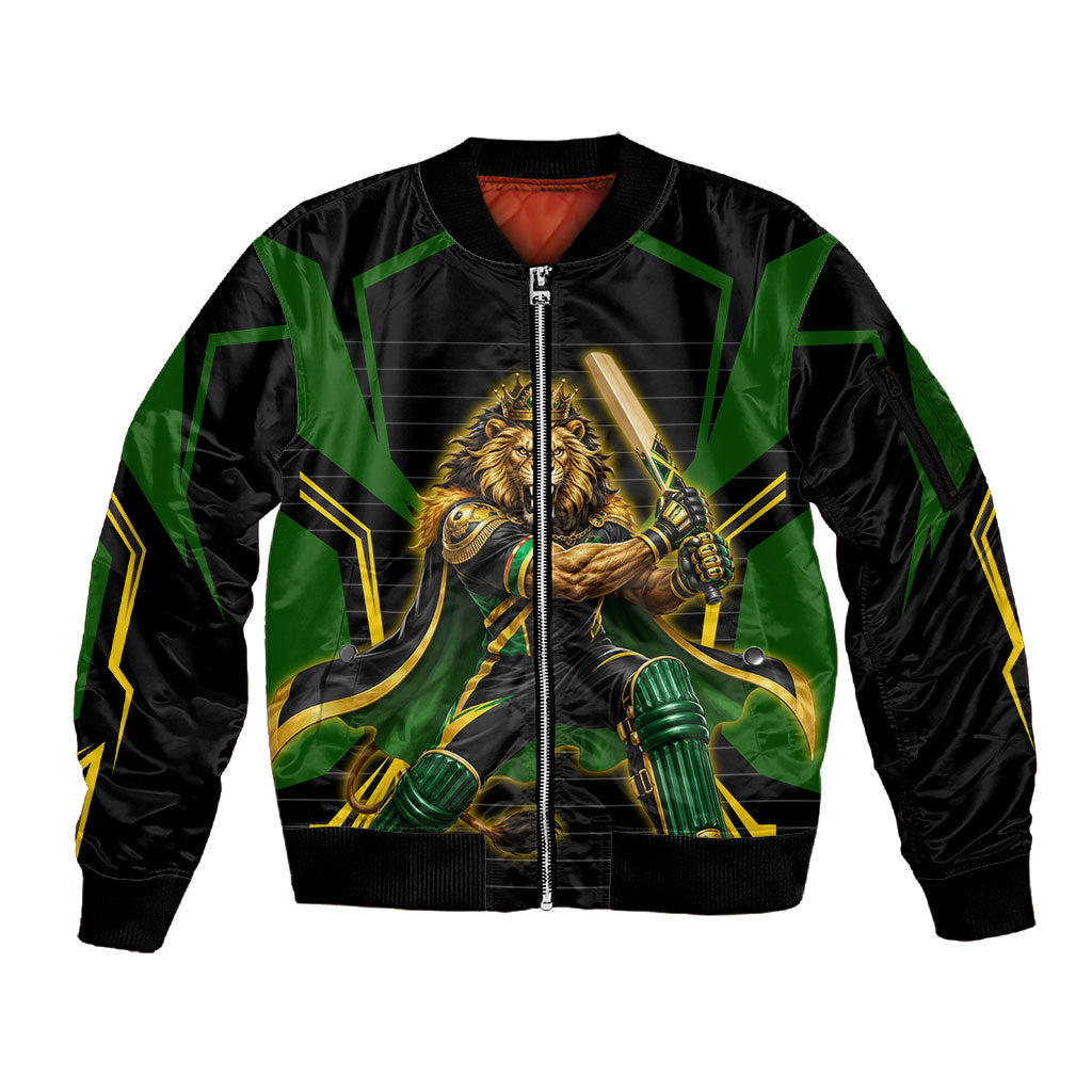 Personalized Jamaica Cricket Lion Mascot Sleeve Zip Bomber Jacket Kingsmen Royal King Batsman Sport