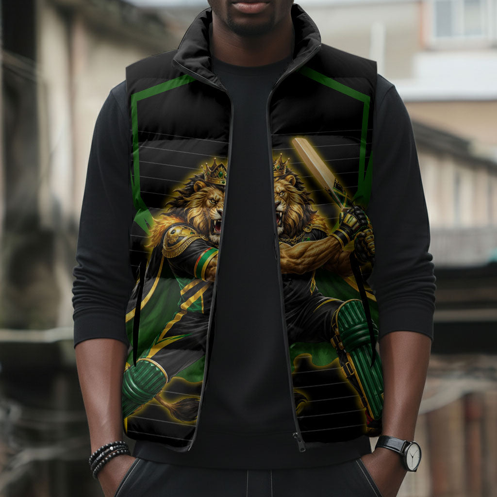 Personalized Jamaica Cricket Lion Mascot Sleeveless Puffer Jacket Kingsmen Royal King Batsman Sport