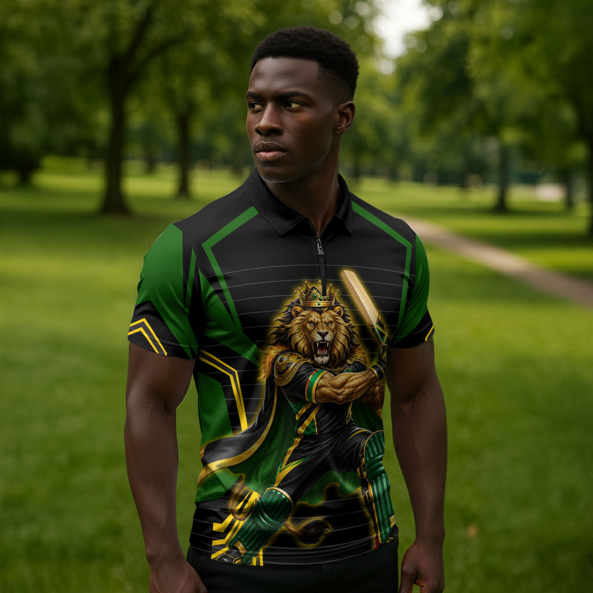 Personalized Jamaica Cricket Lion Mascot Zipper Polo Shirt Kingsmen Royal King Batsman Sport