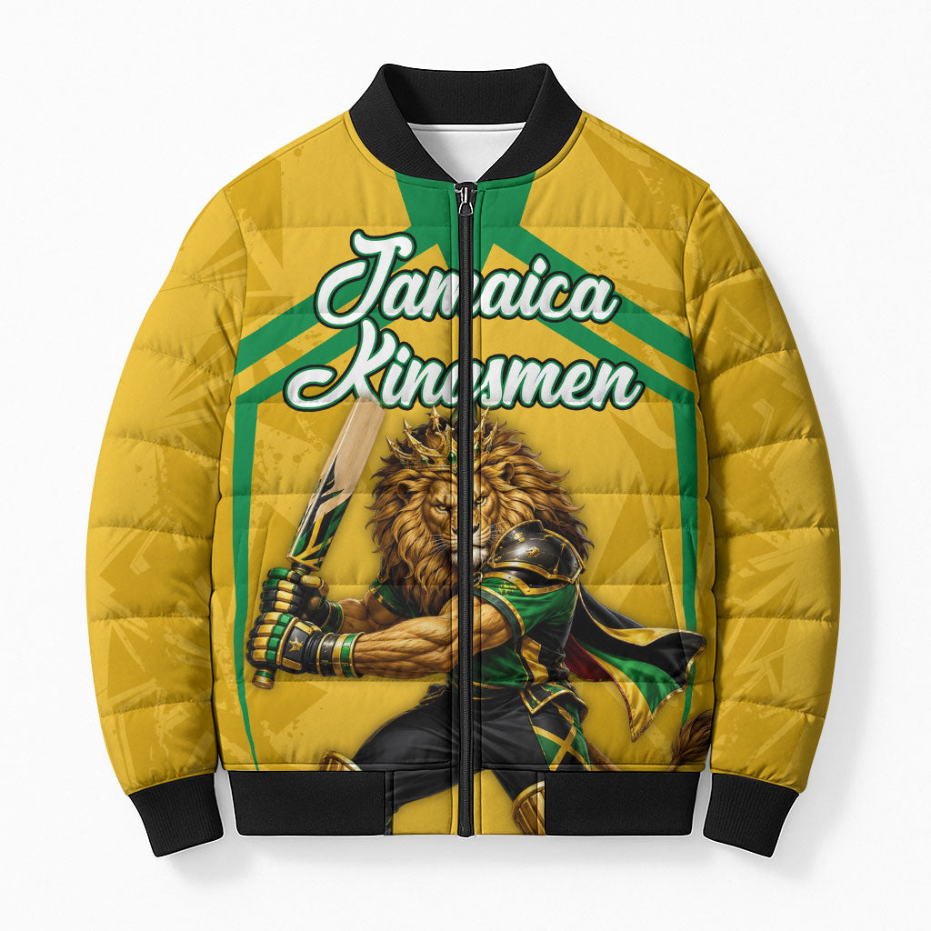Personalized Jamaica Kingsmen Cricket Lion Bomber Puffer Jacket Royal King Batsman Sports Graphic Art