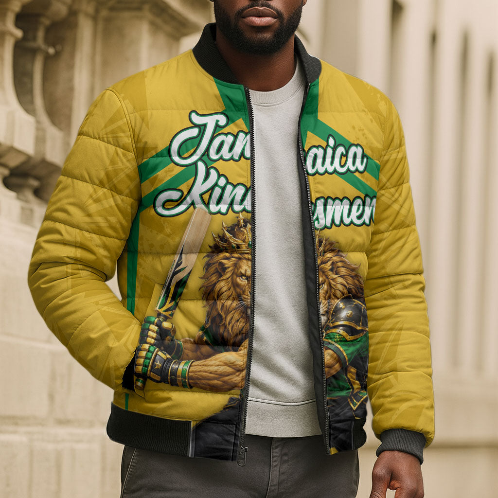 Personalized Jamaica Kingsmen Cricket Lion Bomber Puffer Jacket Royal King Batsman Sports Graphic Art