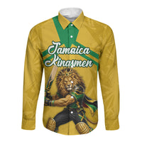 Personalized Jamaica Kingsmen Cricket Lion Long Sleeve Button Shirt Royal King Batsman Sports Graphic Art