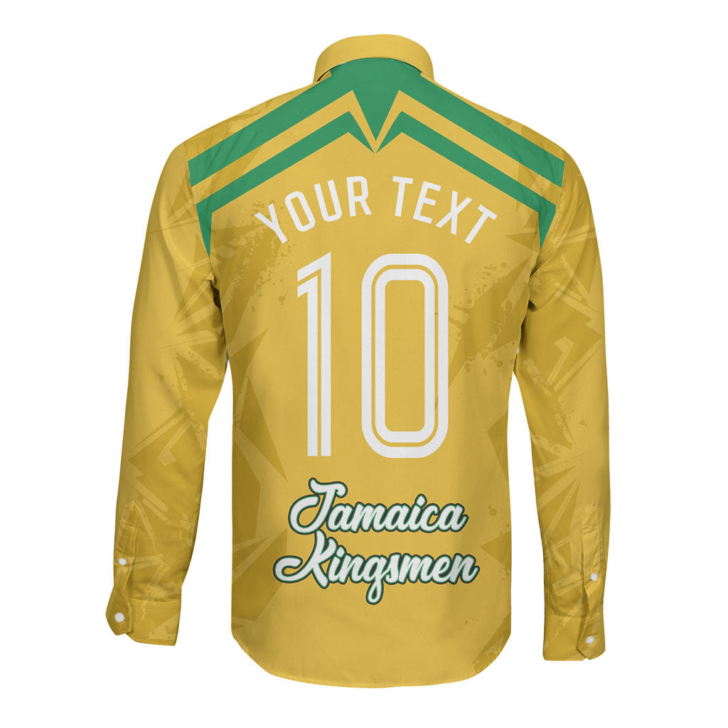 Personalized Jamaica Kingsmen Cricket Lion Long Sleeve Button Shirt Royal King Batsman Sports Graphic Art