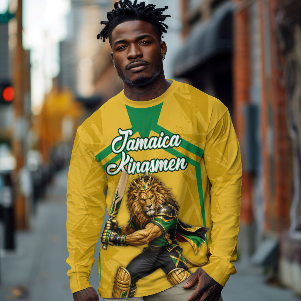 Personalized Jamaica Kingsmen Cricket Lion Long Sleeve Shirt Royal King Batsman Sports Graphic Art