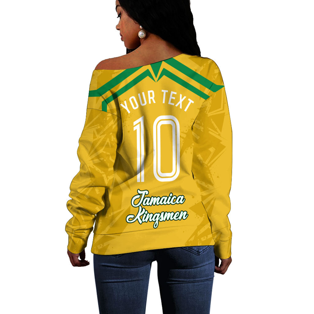 Personalized Jamaica Kingsmen Cricket Lion Off Shoulder Sweater Royal King Batsman Sports Graphic Art