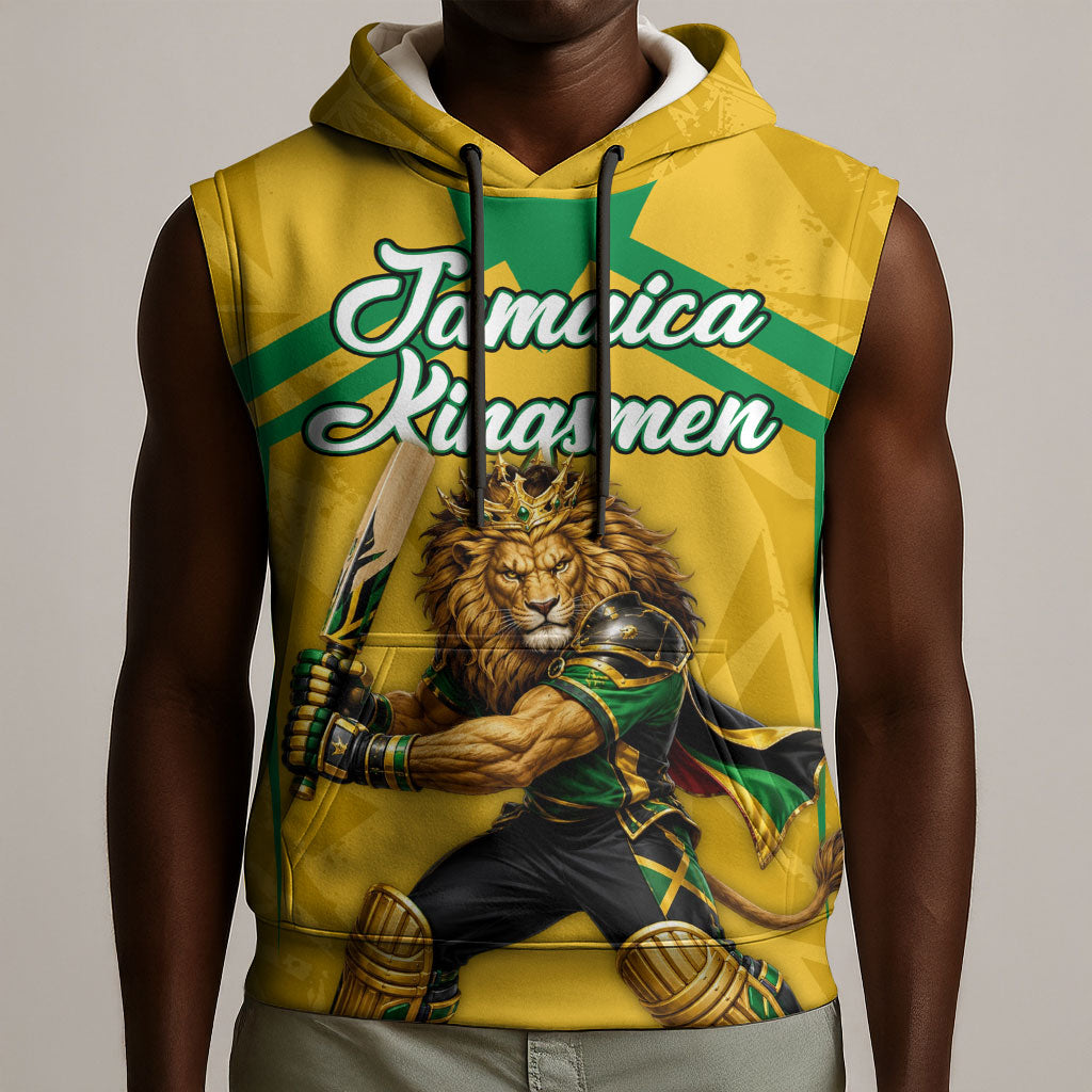 Personalized Jamaica Kingsmen Cricket Lion Sleeveless Hoodie Royal King Batsman Sports Graphic Art