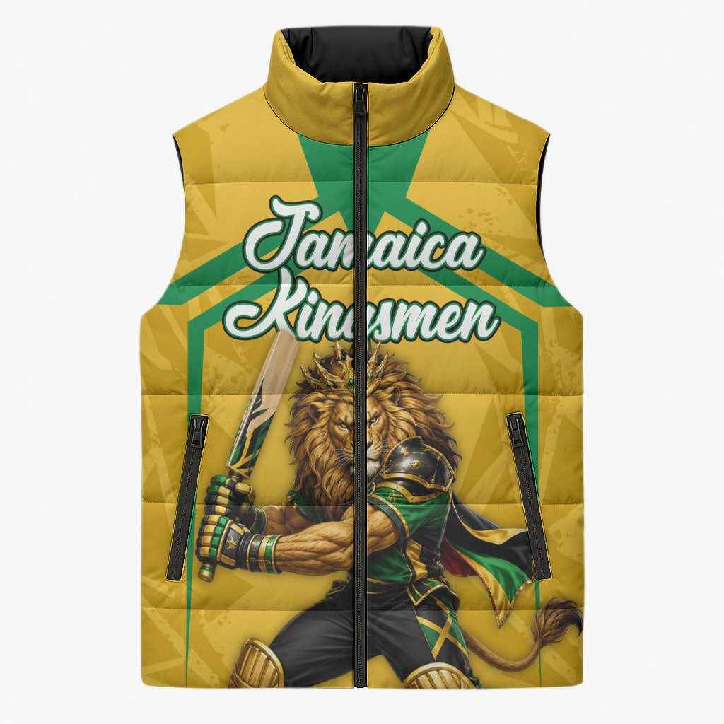 Personalized Jamaica Kingsmen Cricket Lion Sleeveless Puffer Jacket Royal King Batsman Sports Graphic Art