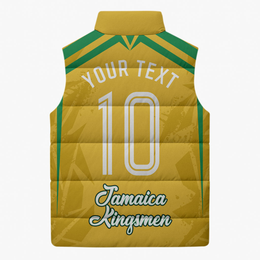 Personalized Jamaica Kingsmen Cricket Lion Sleeveless Puffer Jacket Royal King Batsman Sports Graphic Art