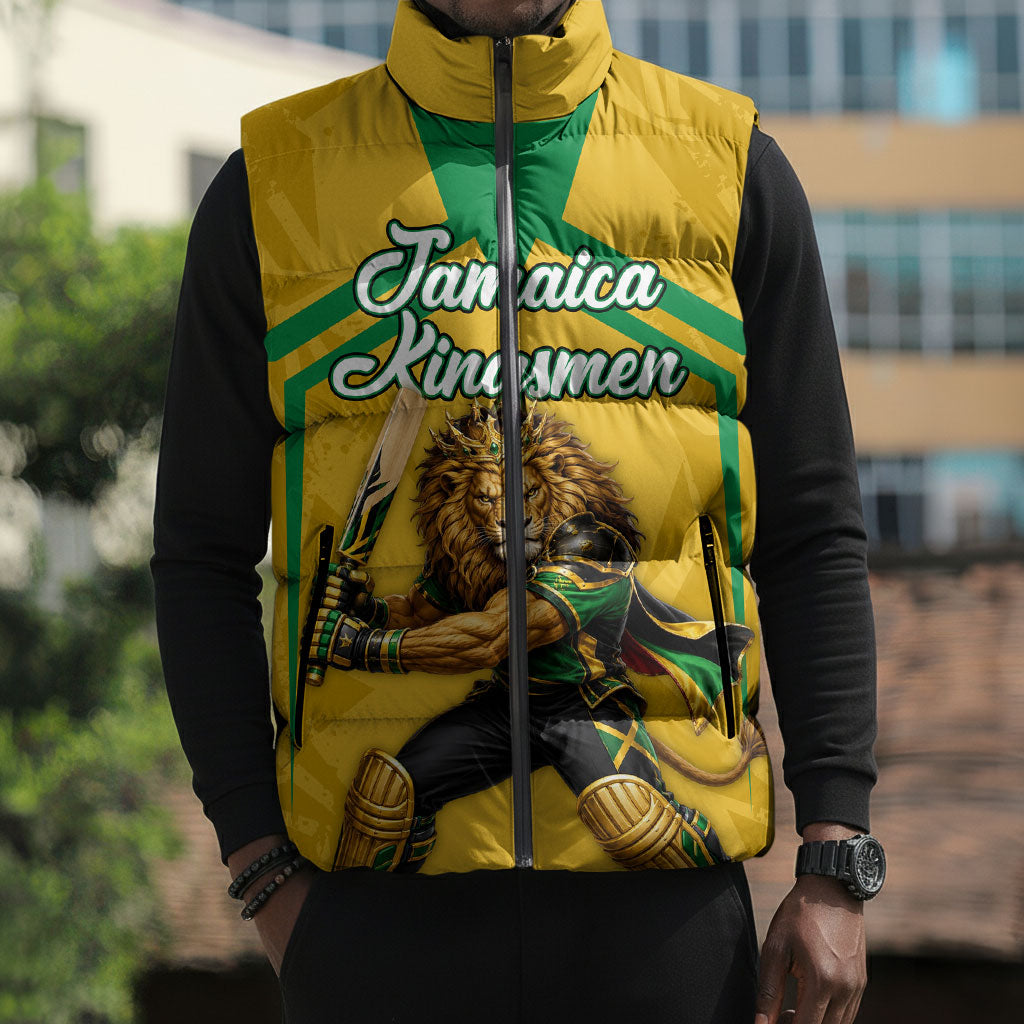Personalized Jamaica Kingsmen Cricket Lion Sleeveless Puffer Jacket Royal King Batsman Sports Graphic Art