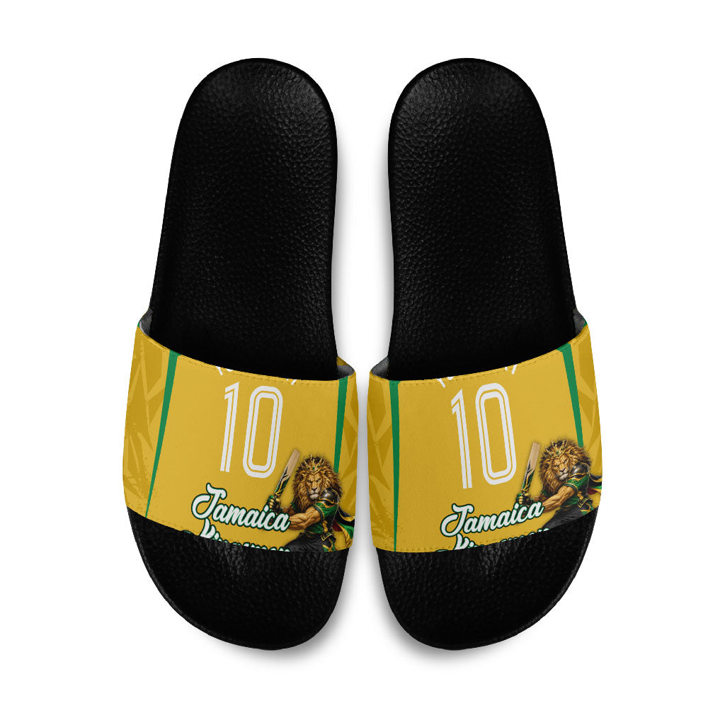Personalized Jamaica Kingsmen Cricket Lion Slide Sandals Royal King Batsman Sports Graphic Art