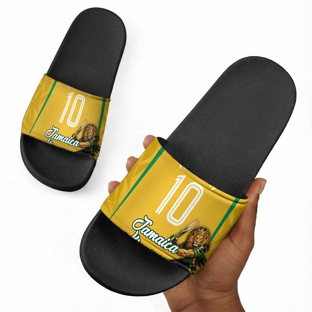 Personalized Jamaica Kingsmen Cricket Lion Slide Sandals Royal King Batsman Sports Graphic Art