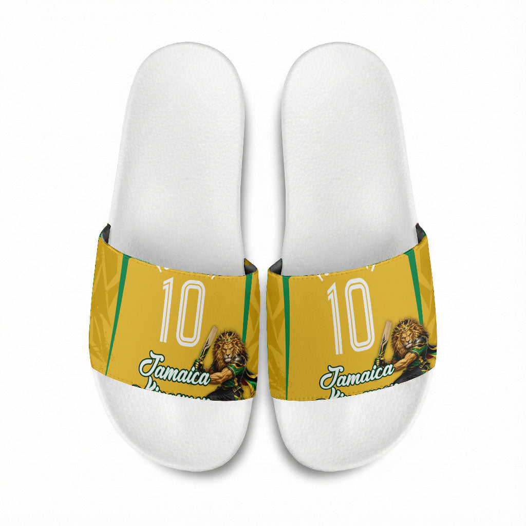 Personalized Jamaica Kingsmen Cricket Lion Slide Sandals Royal King Batsman Sports Graphic Art