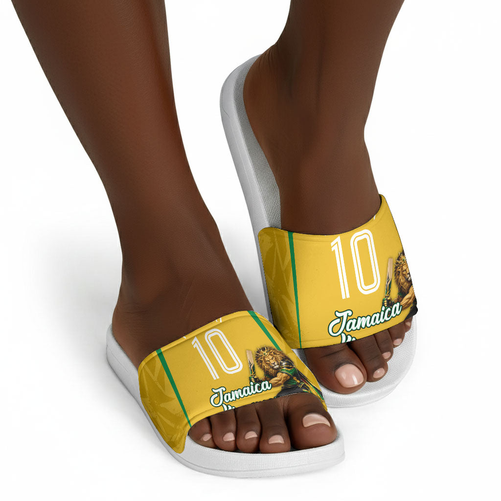 Personalized Jamaica Kingsmen Cricket Lion Slide Sandals Royal King Batsman Sports Graphic Art
