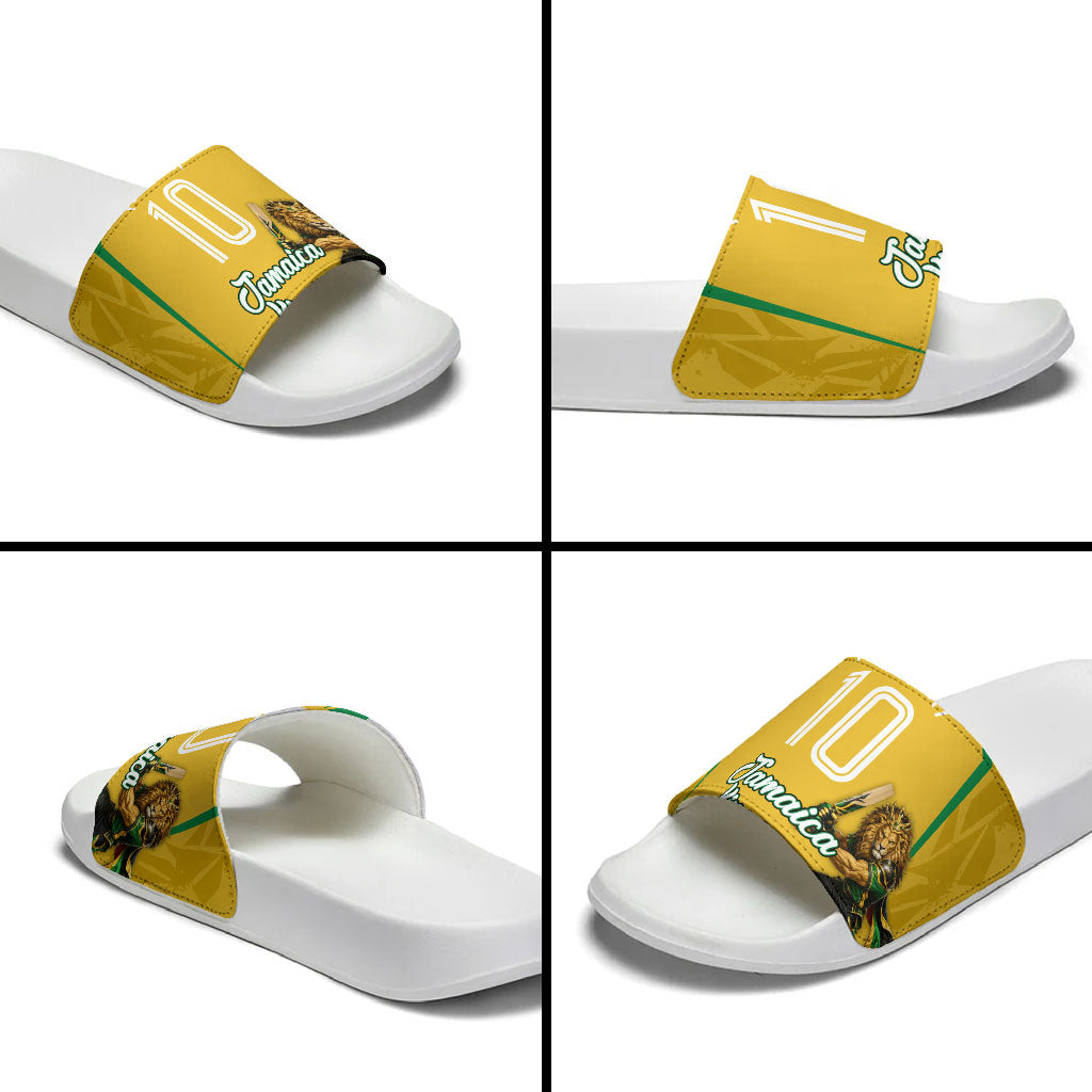 Personalized Jamaica Kingsmen Cricket Lion Slide Sandals Royal King Batsman Sports Graphic Art