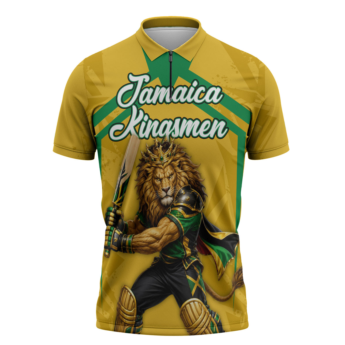 Personalized Jamaica Kingsmen Cricket Lion Zipper Polo Shirt Royal King Batsman Sports Graphic Art