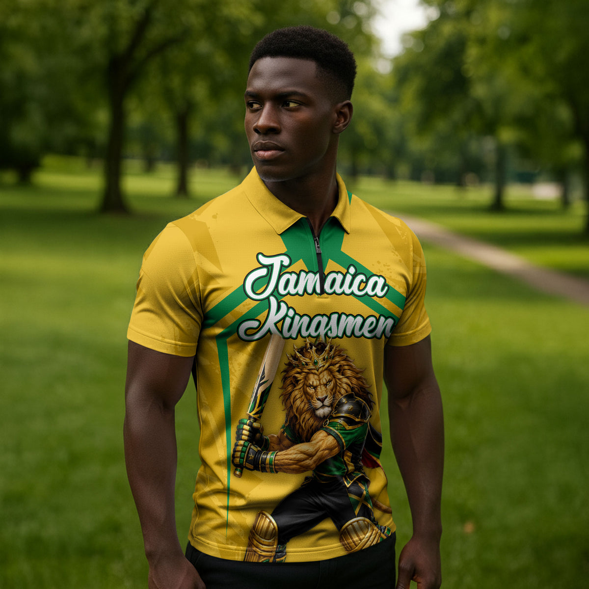 Personalized Jamaica Kingsmen Cricket Lion Zipper Polo Shirt Royal King Batsman Sports Graphic Art