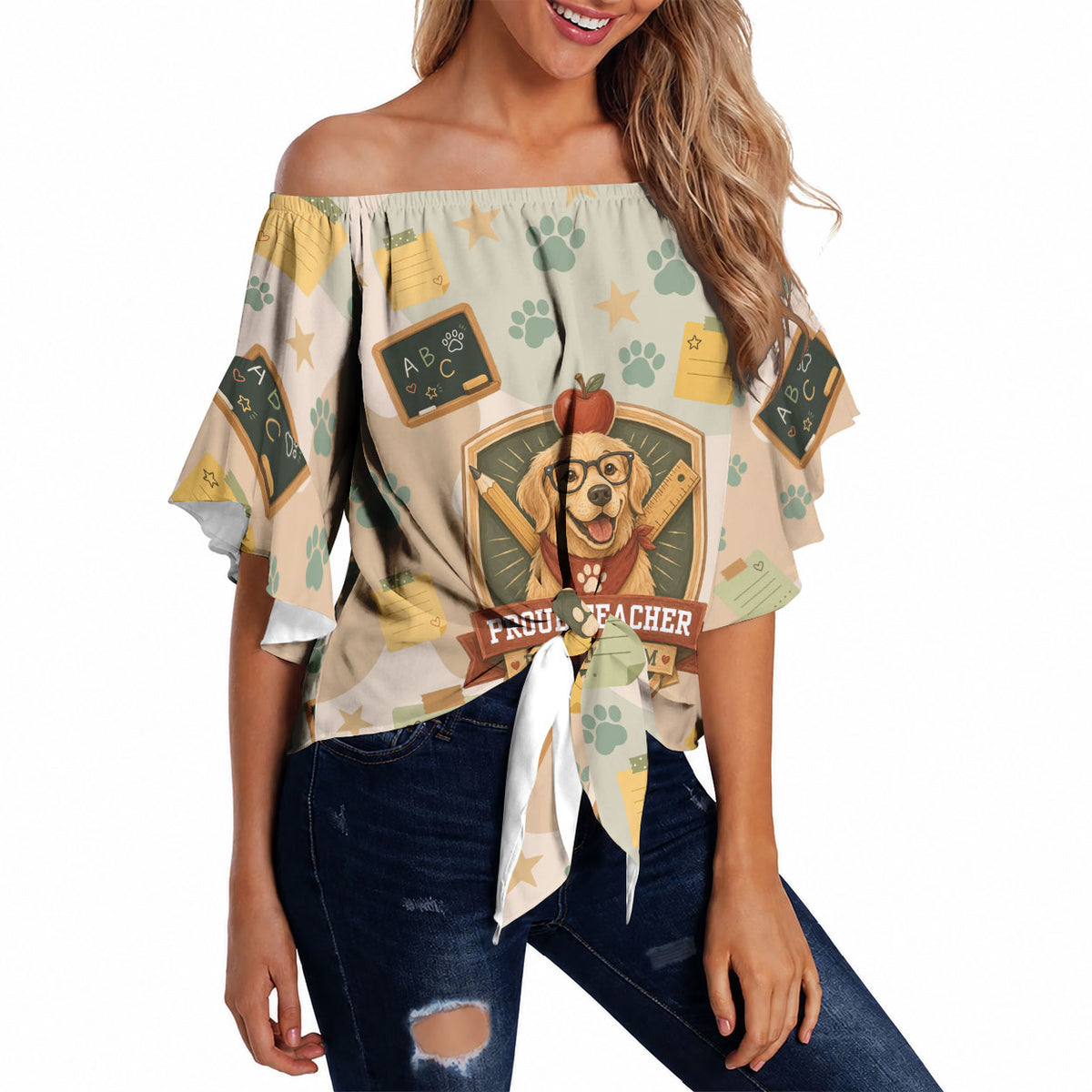 Proud Teacher Proud Dog Mom Off Shoulder Wrap Waist Top Classroom Cute Dog Lover