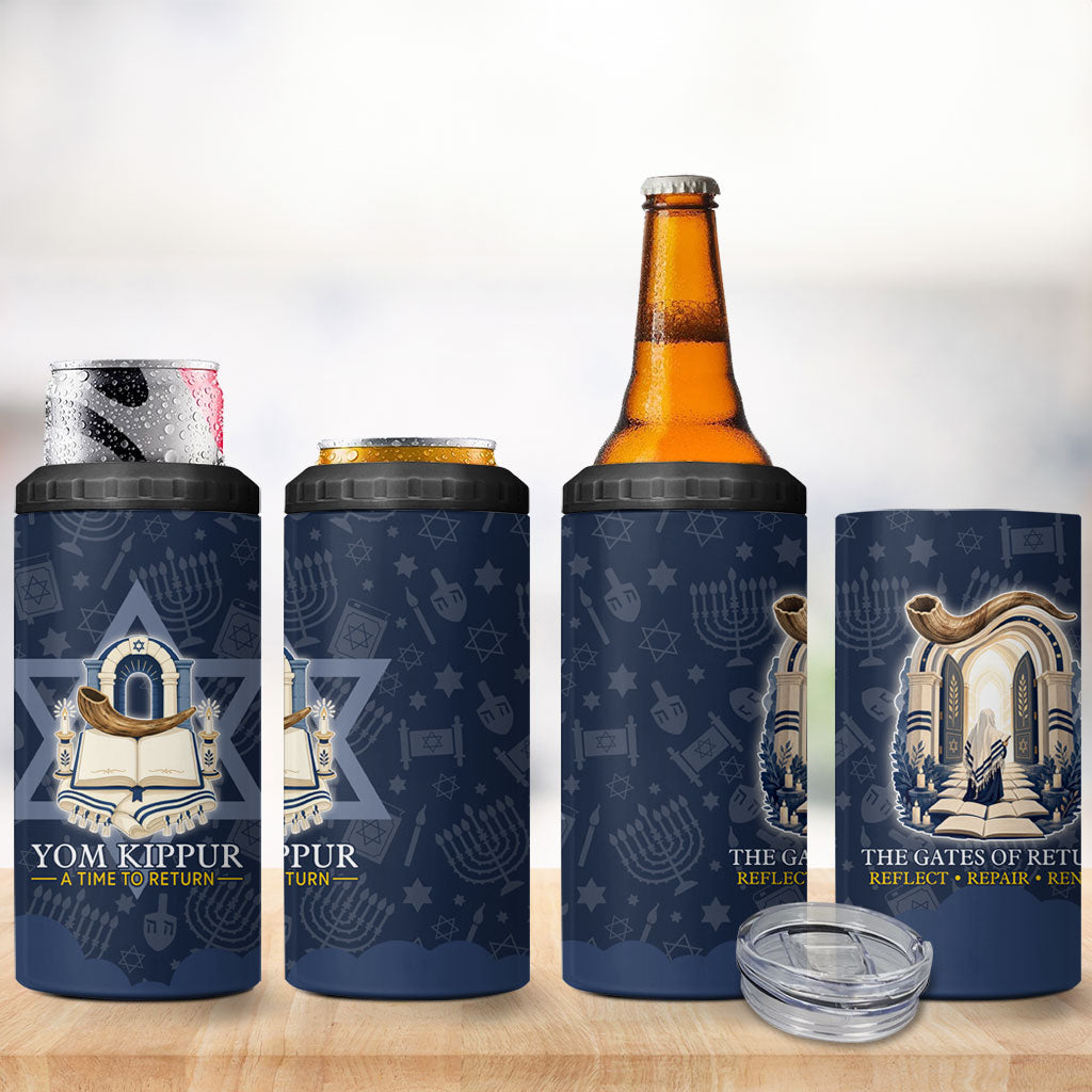 Yom Kippur Gates Of Return 4 in 1 Can Cooler Tumbler Jewish High Holy Day Shofar Tallit Star Of David