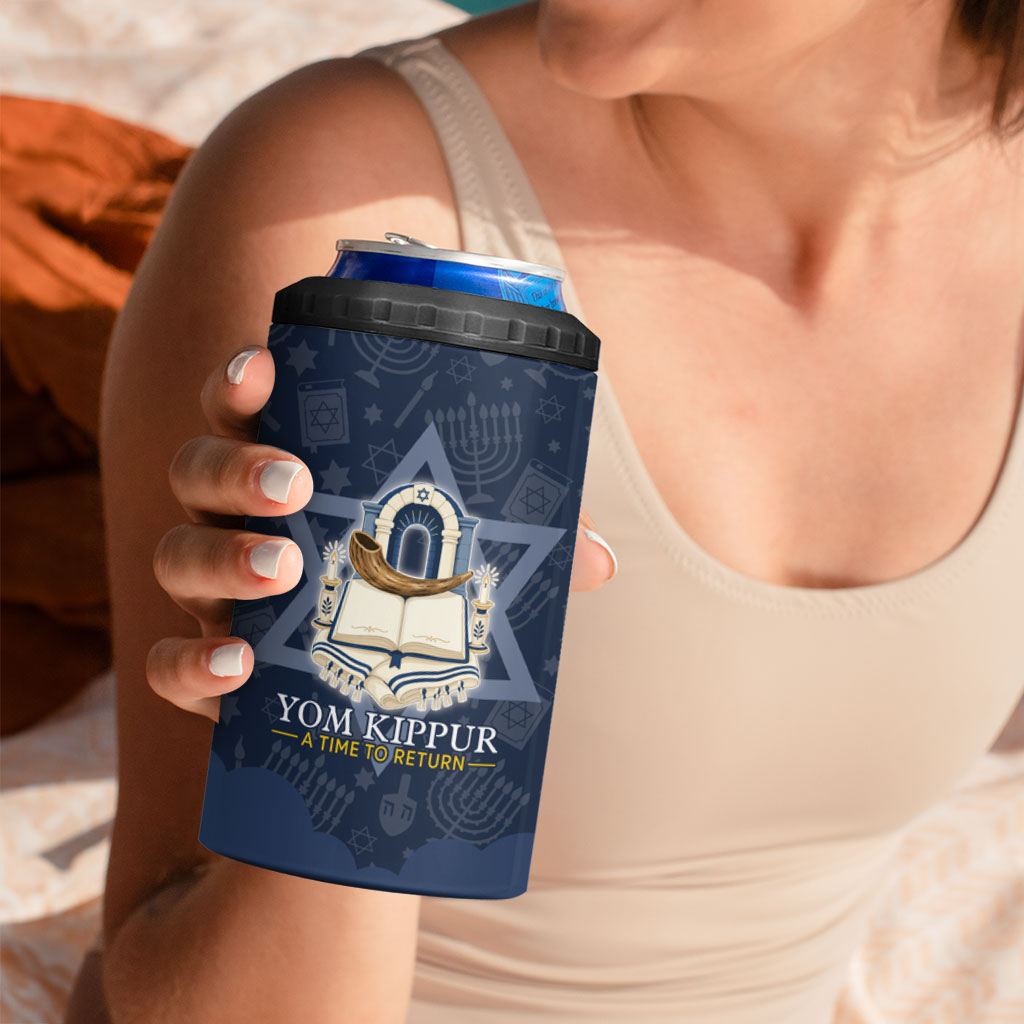 Yom Kippur Gates Of Return 4 in 1 Can Cooler Tumbler Jewish High Holy Day Shofar Tallit Star Of David