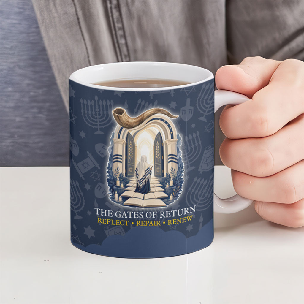 Yom Kippur Gates Of Return Ceramic Mug Jewish High Holy Day Shofar Tallit Star Of David