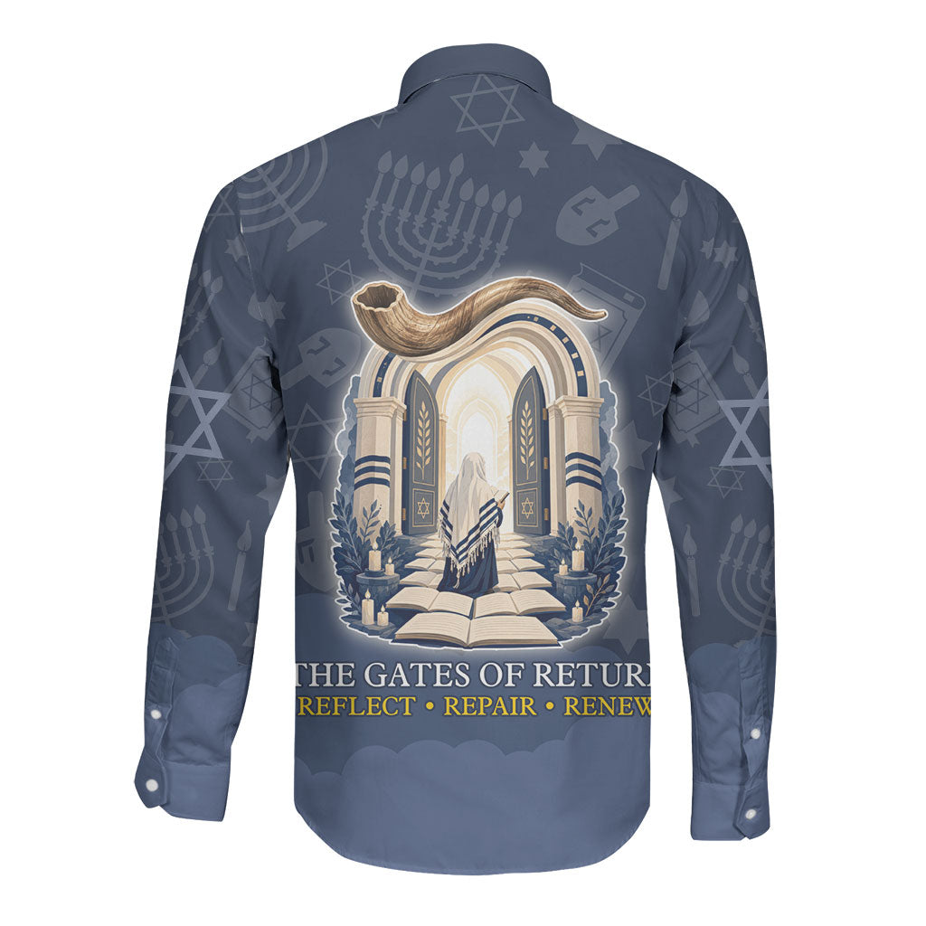 Yom Kippur Gates Of Return Long Sleeve Button Shirt Jewish High Holy Day Shofar Tallit Star Of David