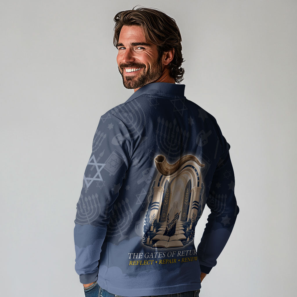 Yom Kippur Gates Of Return Long Sleeve Polo Shirt Jewish High Holy Day Shofar Tallit Star Of David
