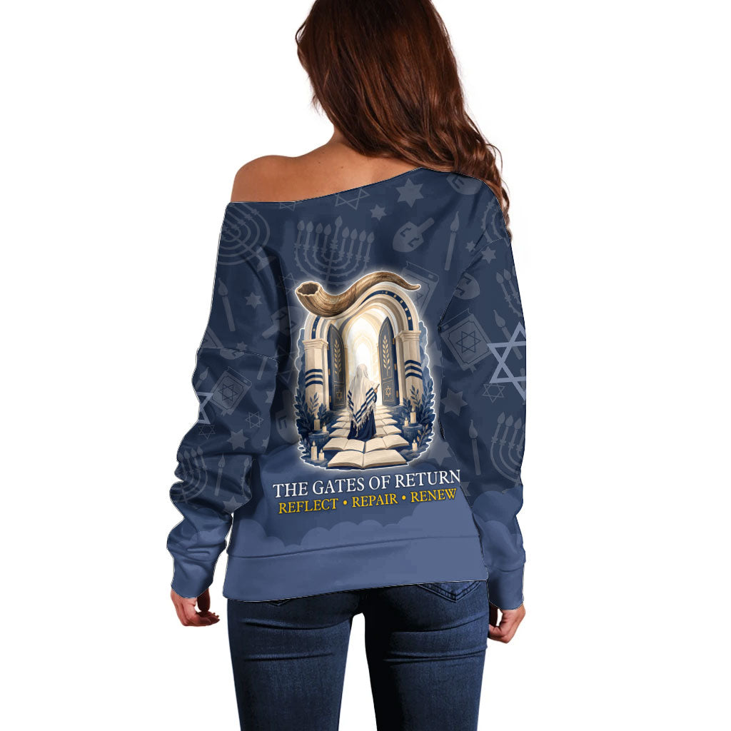 Yom Kippur Gates Of Return Off Shoulder Sweater Jewish High Holy Day Shofar Tallit Star Of David