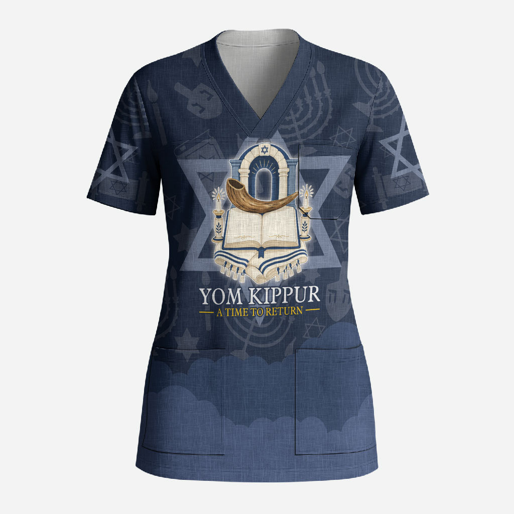 Yom Kippur Gates Of Return Scrub Top Jewish High Holy Day Shofar Tallit Star Of David