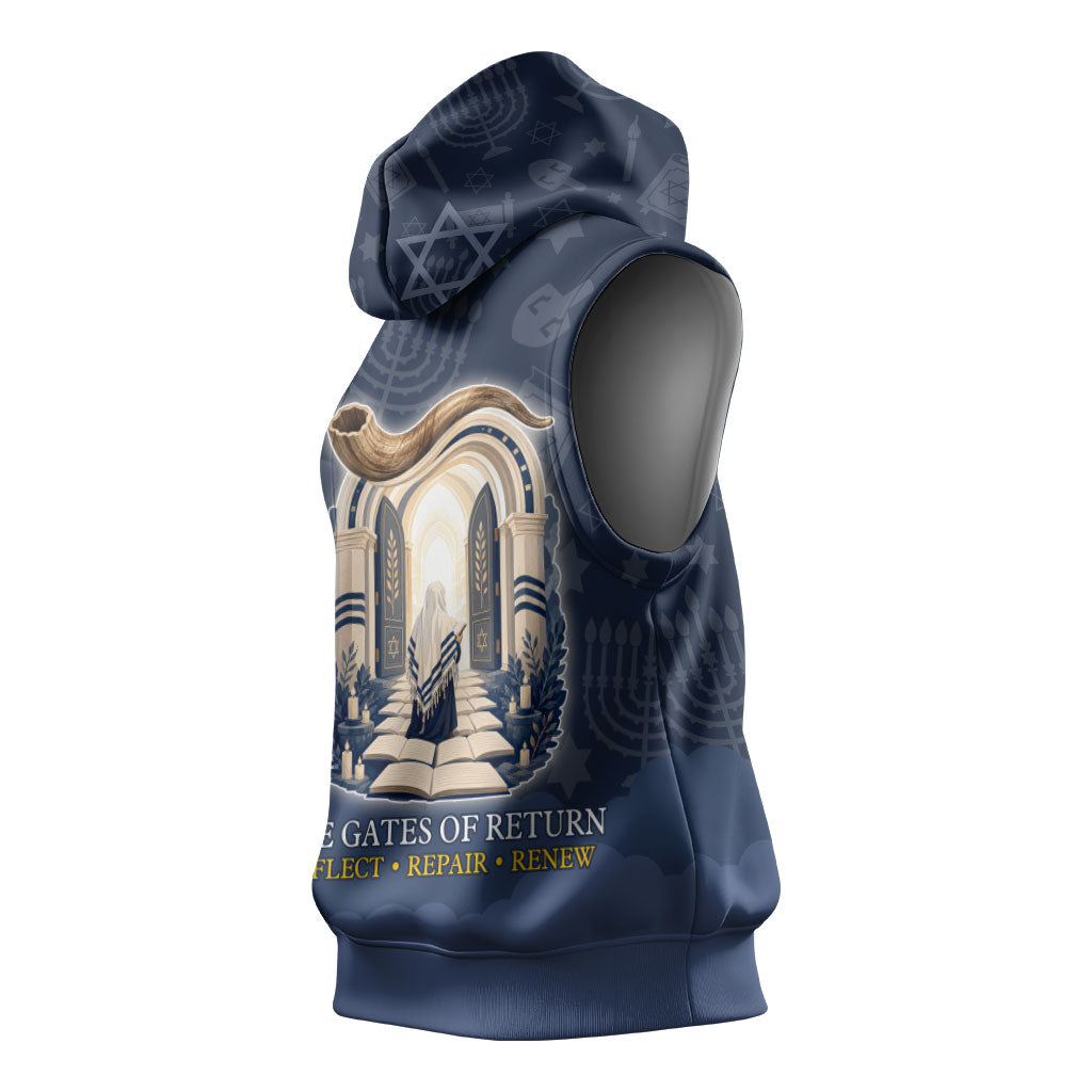 Yom Kippur Gates Of Return Sleeveless Hoodie Jewish High Holy Day Shofar Tallit Star Of David