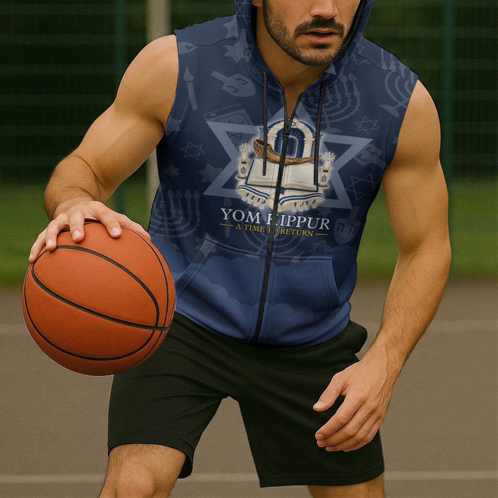 Yom Kippur Gates Of Return Sleeveless Zip Hoodie Jewish High Holy Day Shofar Tallit Star Of David