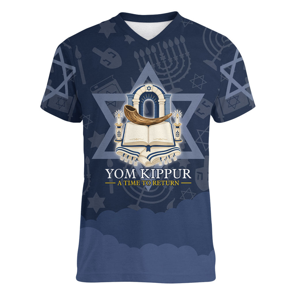 Yom Kippur Gates Of Return Women V-Neck T-Shirt Jewish High Holy Day Shofar Tallit Star Of David