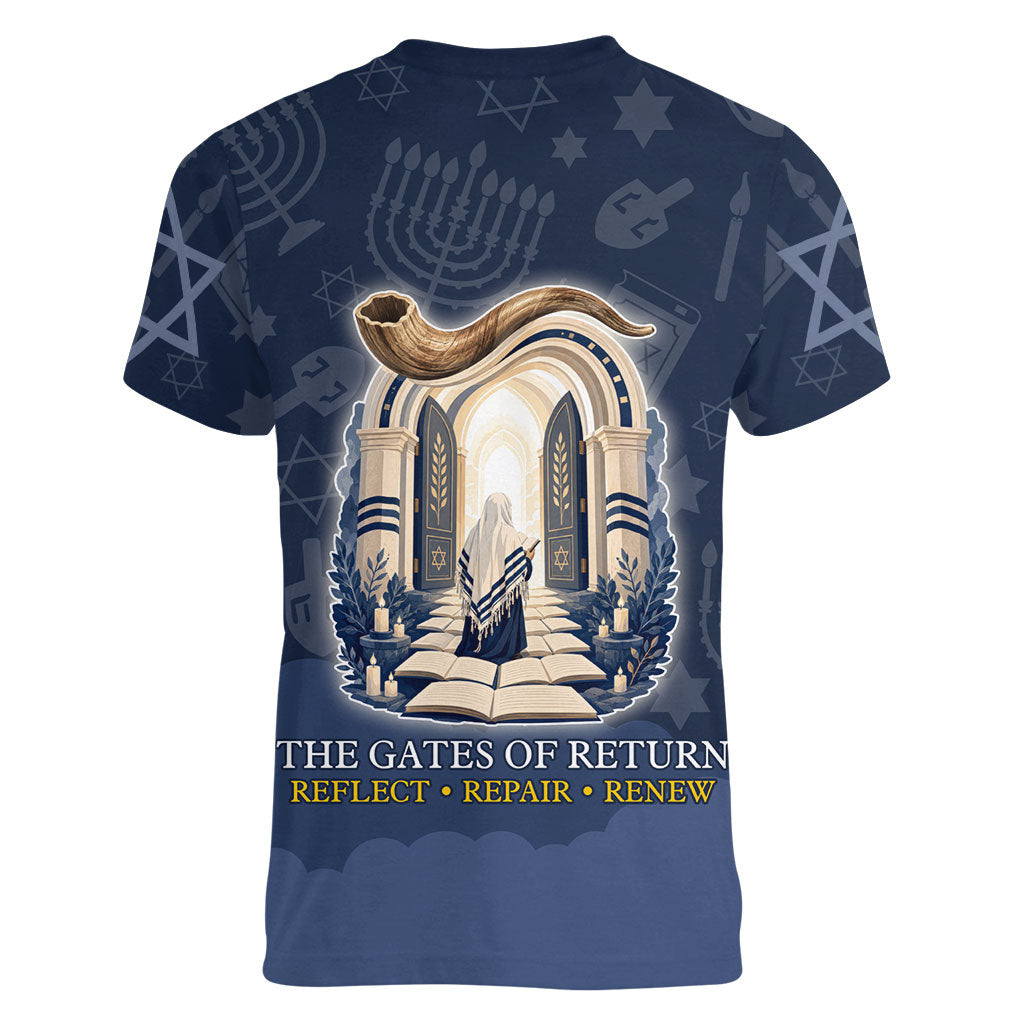 Yom Kippur Gates Of Return Women V-Neck T-Shirt Jewish High Holy Day Shofar Tallit Star Of David