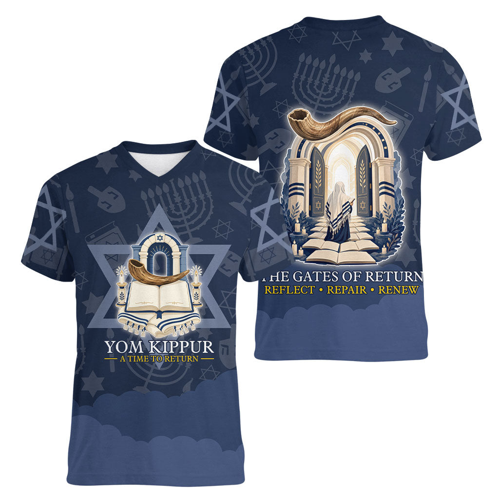 Yom Kippur Gates Of Return Women V-Neck T-Shirt Jewish High Holy Day Shofar Tallit Star Of David