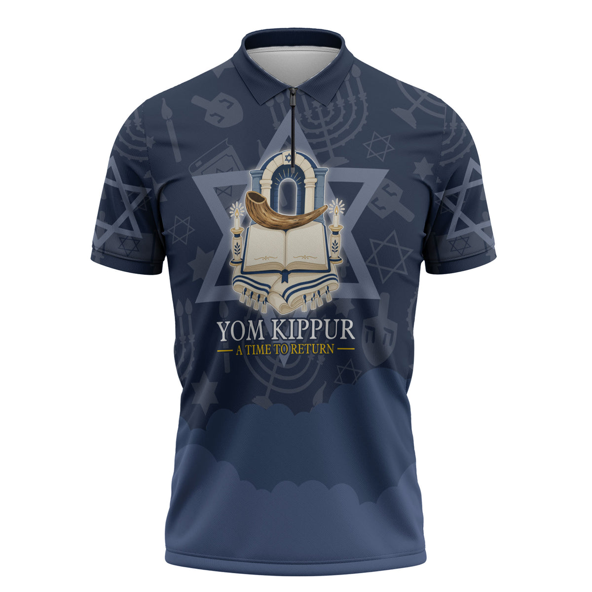 Yom Kippur Gates Of Return Zipper Polo Shirt Jewish High Holy Day Shofar Tallit Star Of David