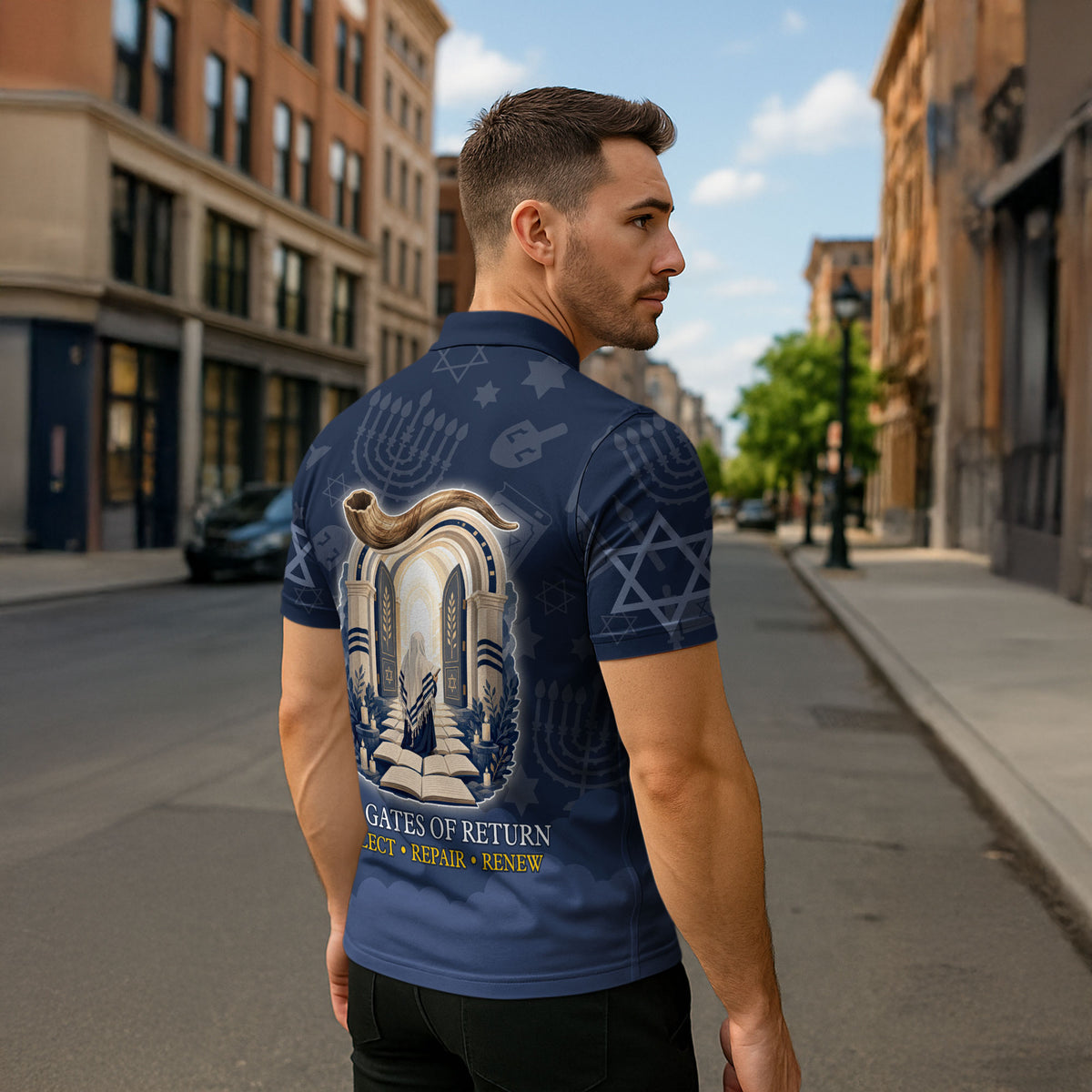 Yom Kippur Gates Of Return Zipper Polo Shirt Jewish High Holy Day Shofar Tallit Star Of David