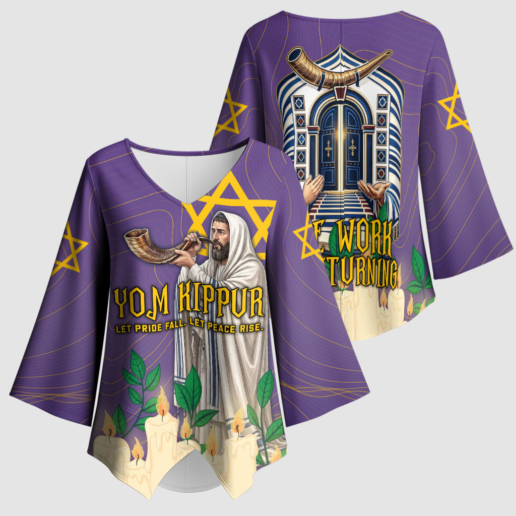 Yom Kippur Kimono Sleeve Blouse Shofar Blowing Jewish High Holy Day Tallit Star Of David