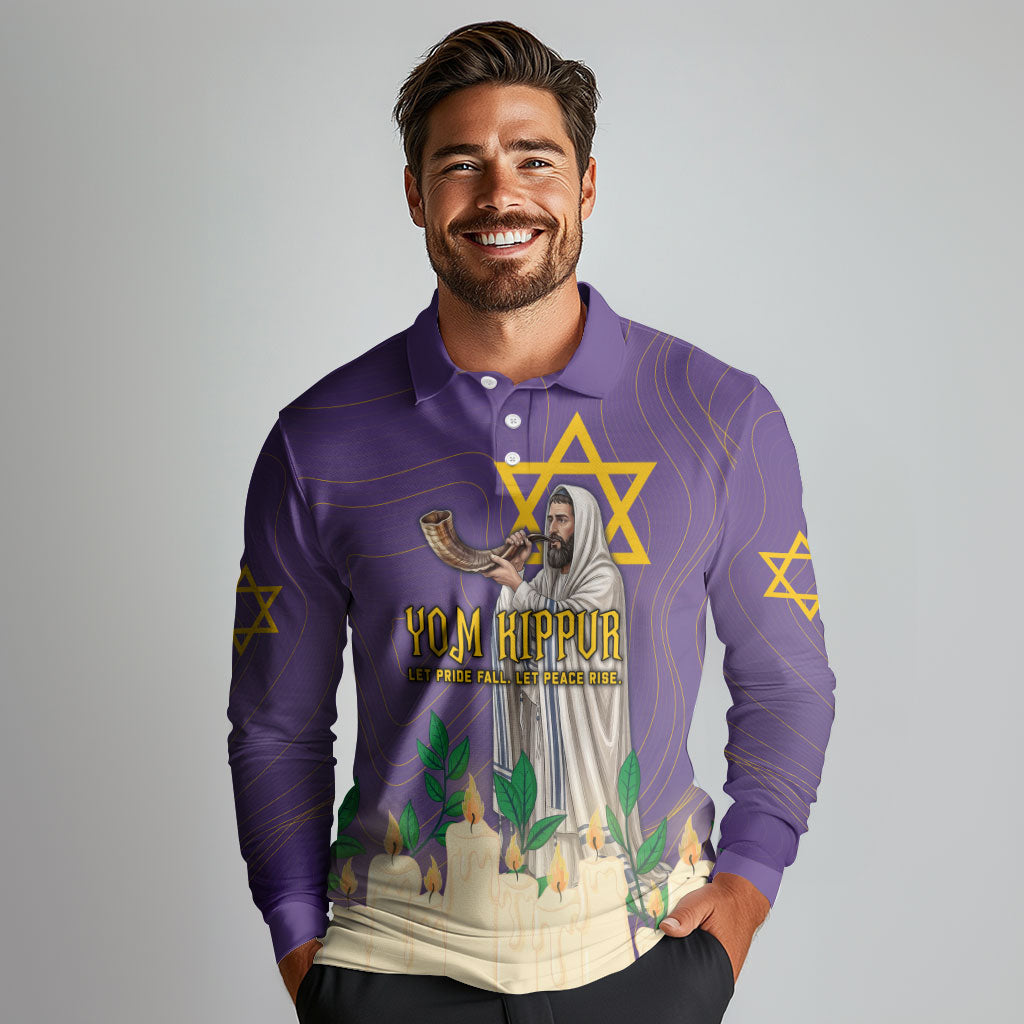 Yom Kippur Long Sleeve Polo Shirt Shofar Blowing Jewish High Holy Day Tallit Star Of David
