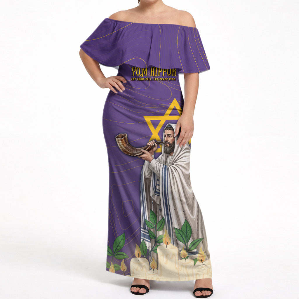 Yom Kippur Off Shoulder Maxi Dress Shofar Blowing Jewish High Holy Day Tallit Star Of David