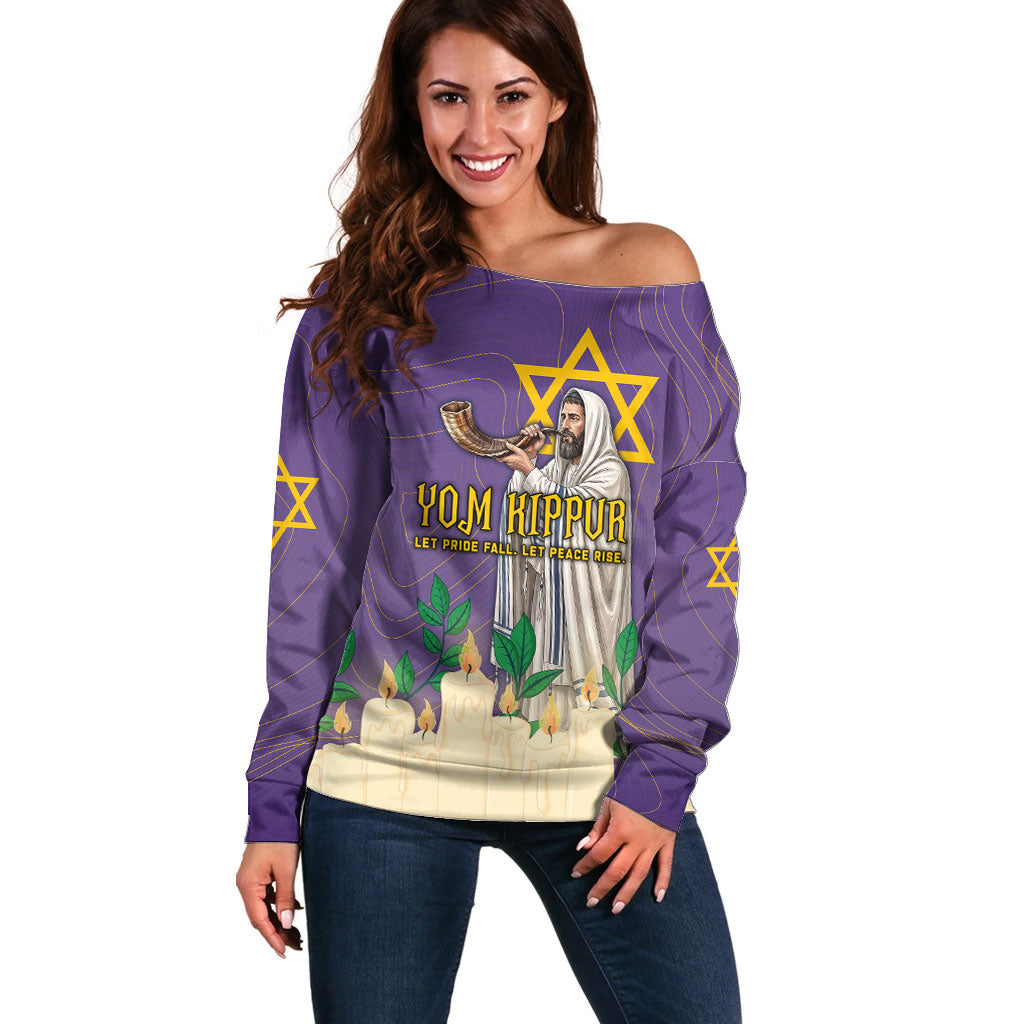 Yom Kippur Off Shoulder Sweater Shofar Blowing Jewish High Holy Day Tallit Star Of David