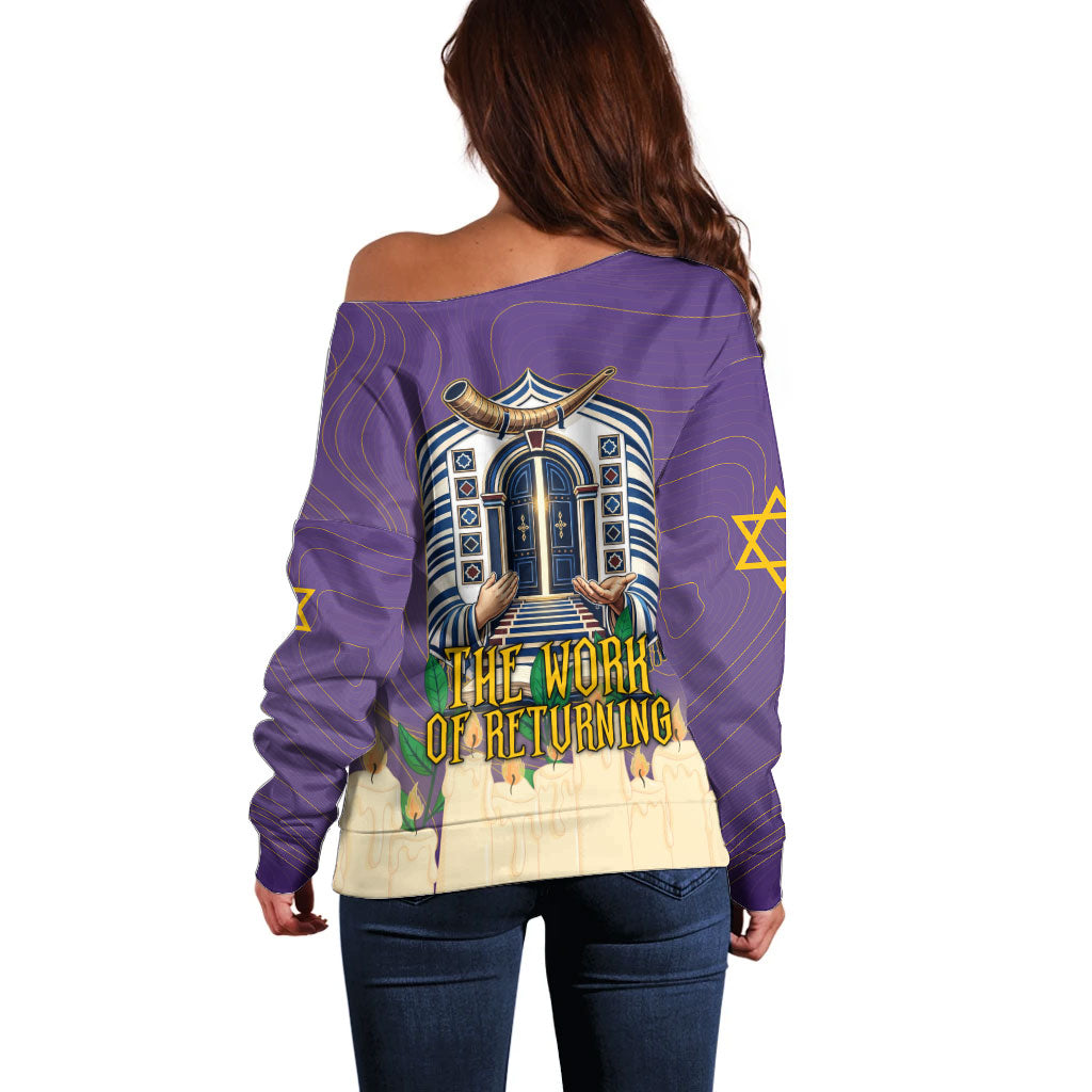 Yom Kippur Off Shoulder Sweater Shofar Blowing Jewish High Holy Day Tallit Star Of David
