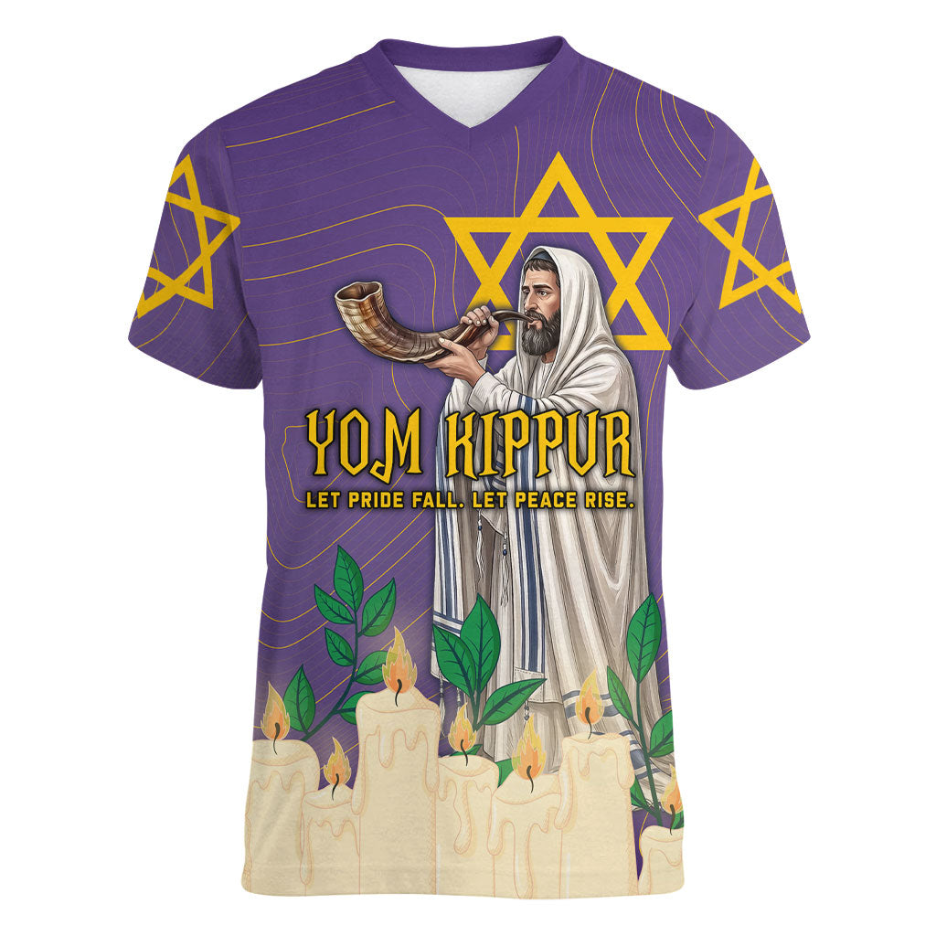 Yom Kippur Women V-Neck T-Shirt Shofar Blowing Jewish High Holy Day Tallit Star Of David