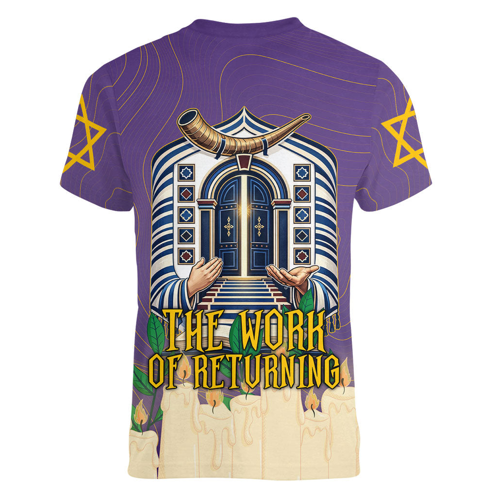 Yom Kippur Women V-Neck T-Shirt Shofar Blowing Jewish High Holy Day Tallit Star Of David
