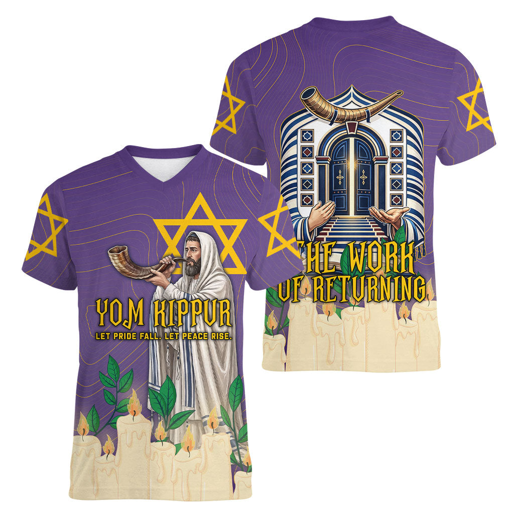 Yom Kippur Women V-Neck T-Shirt Shofar Blowing Jewish High Holy Day Tallit Star Of David