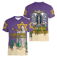 Yom Kippur Women V-Neck T-Shirt Shofar Blowing Jewish High Holy Day Tallit Star Of David