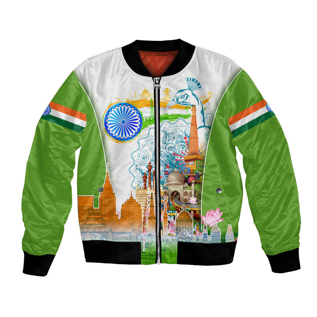 India Independence Day Bomber Jacket Indian Landmark Peacock Mandala Cultural Heritage