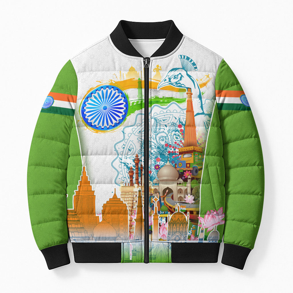 India Independence Day Bomber Puffer Jacket Indian Landmark Peacock Mandala Cultural Heritage